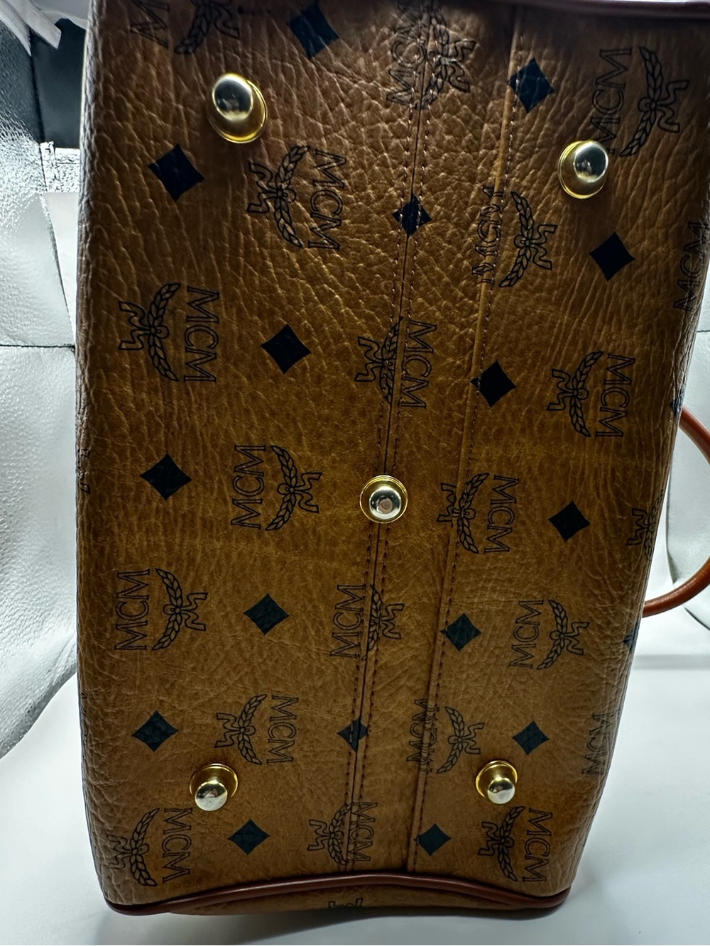 MCM Visetos Cognac Monogram Satchel with Red-Brown Handles - Picture 2 of 16